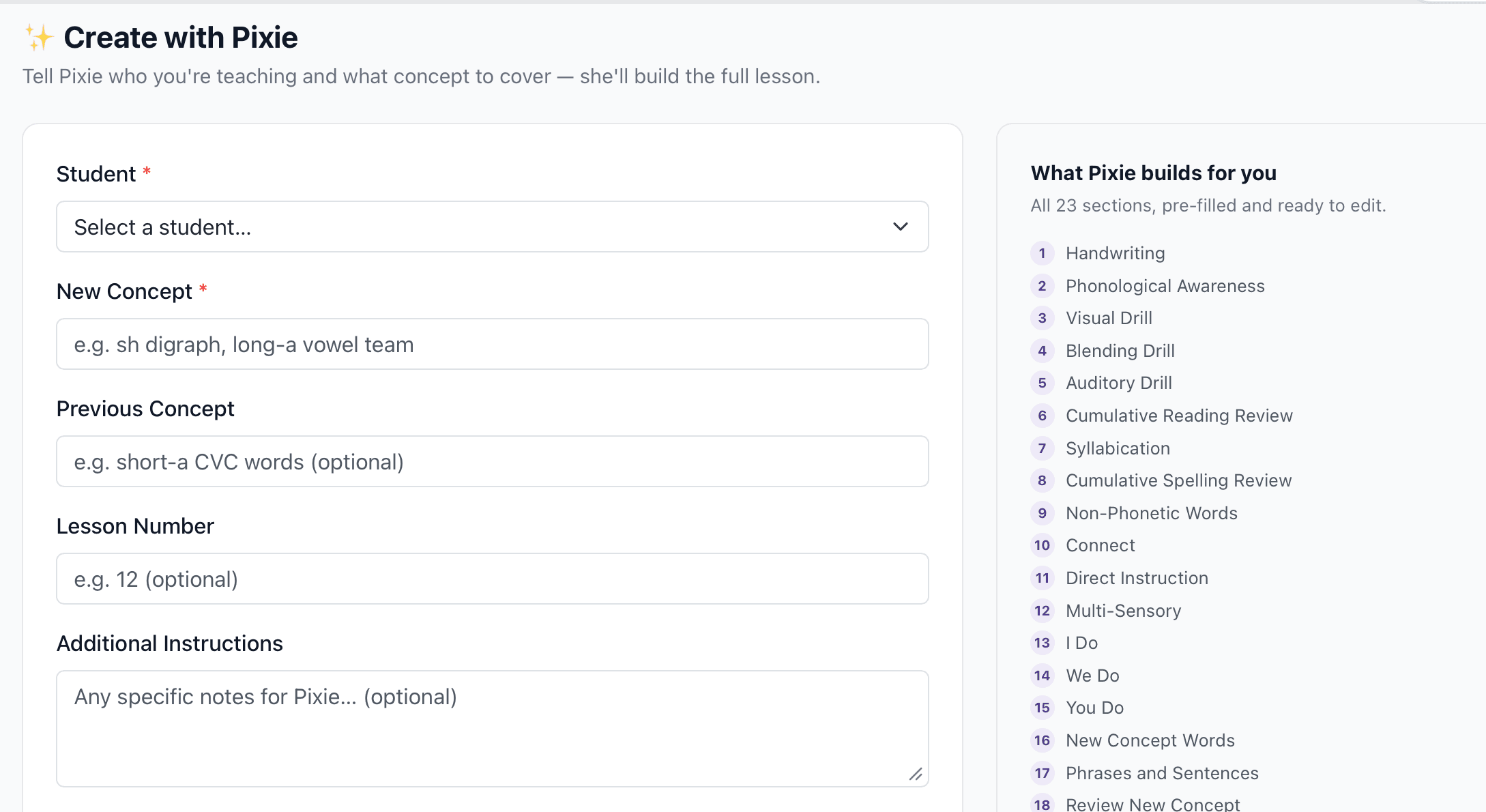 PixieDrafts lesson creation interface