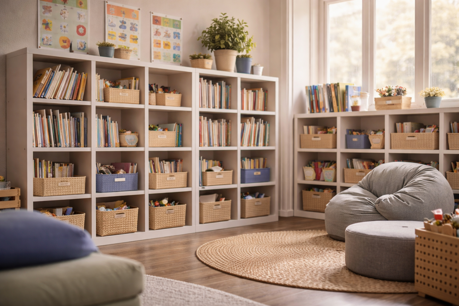 Modern classroom library with bookshelves and educational materials