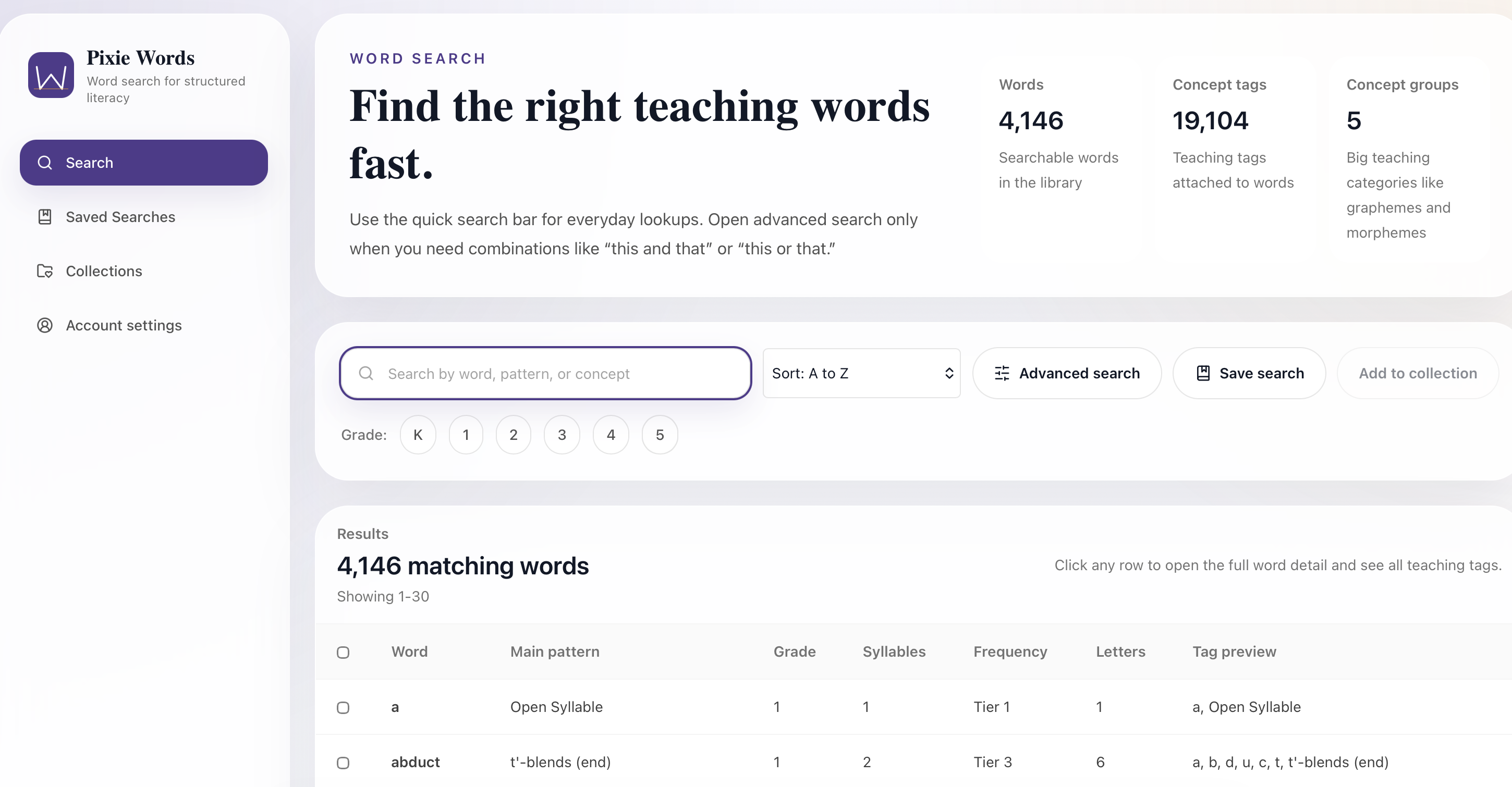 PixieBanks word search interface